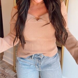 Cozy Casual Tan Off-the-Shoulder Sweater